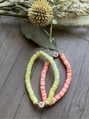 Yellow & Coral Heart Accent Beaded Stretch Bracelet Set